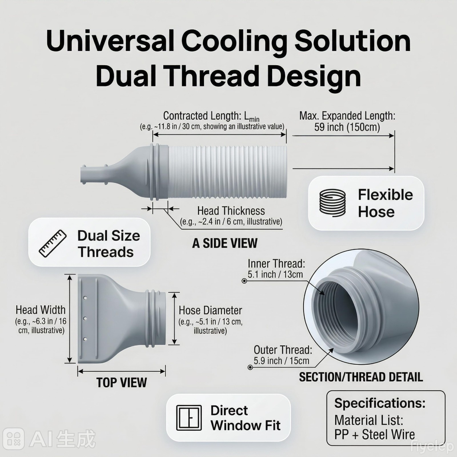 Portable AC Hose Kit – 1&Prime; Flat Nozzle for Narrow Windows & Garage Use, Easy Inst
