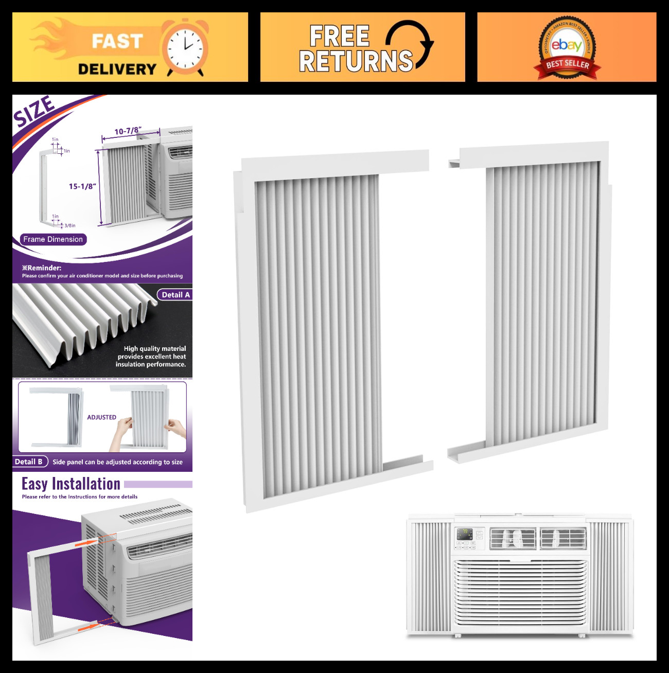 Adjustable Window AC Side Panels Kit – Insulation Filler Curtain, 12,000 BTU Sea