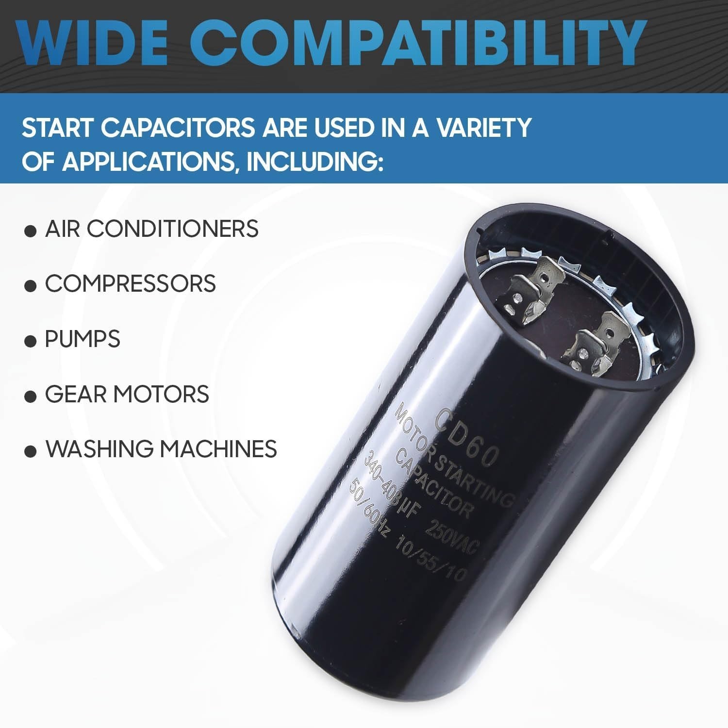 340-408 uf MFD Motor Start Capacitor 110-125V AC Electric Round Universal Repair