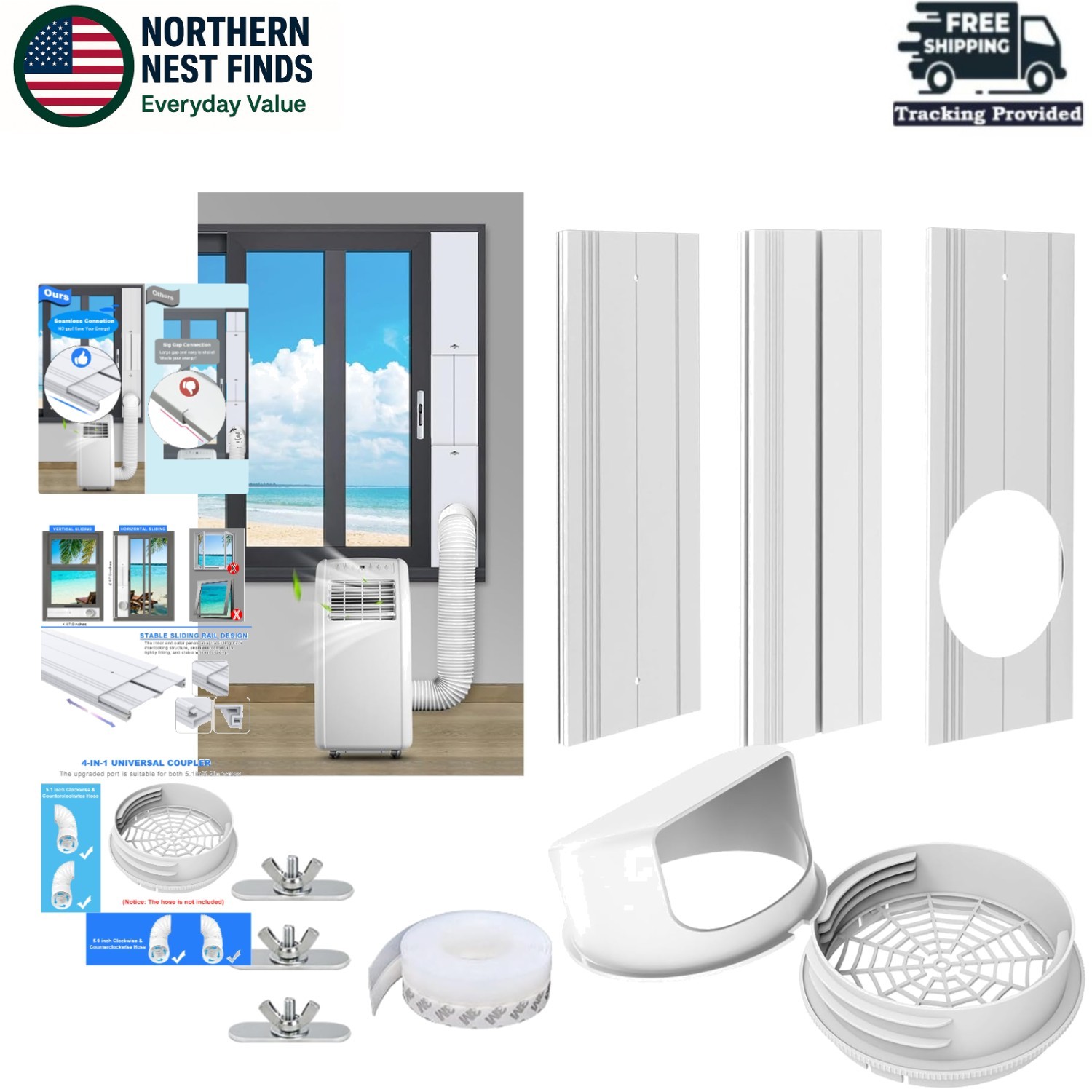 2-in-1 Coupler Portable AC Window Kit for Vertical/Horizontal Sliding Windows