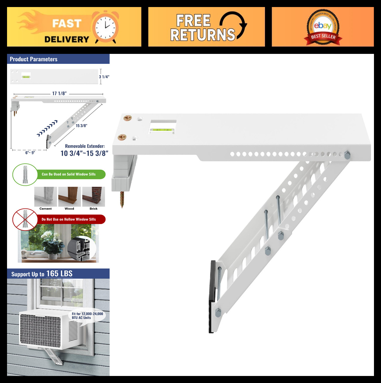 Heavy Duty Window AC Support Bracket, Universal Fit for 12,000-24,000 BTU, 165lb