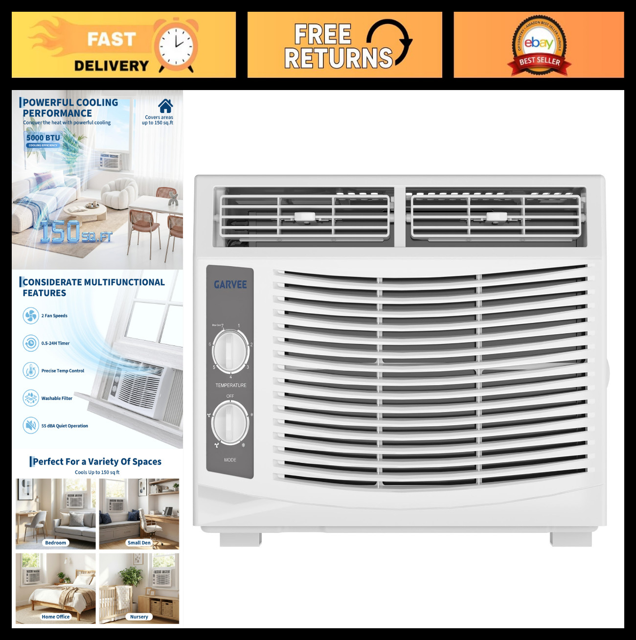 5000 BTU Window Air Conditioner – Cools 150 Sq. Ft, Quiet, 3 Speeds, Easy Instal