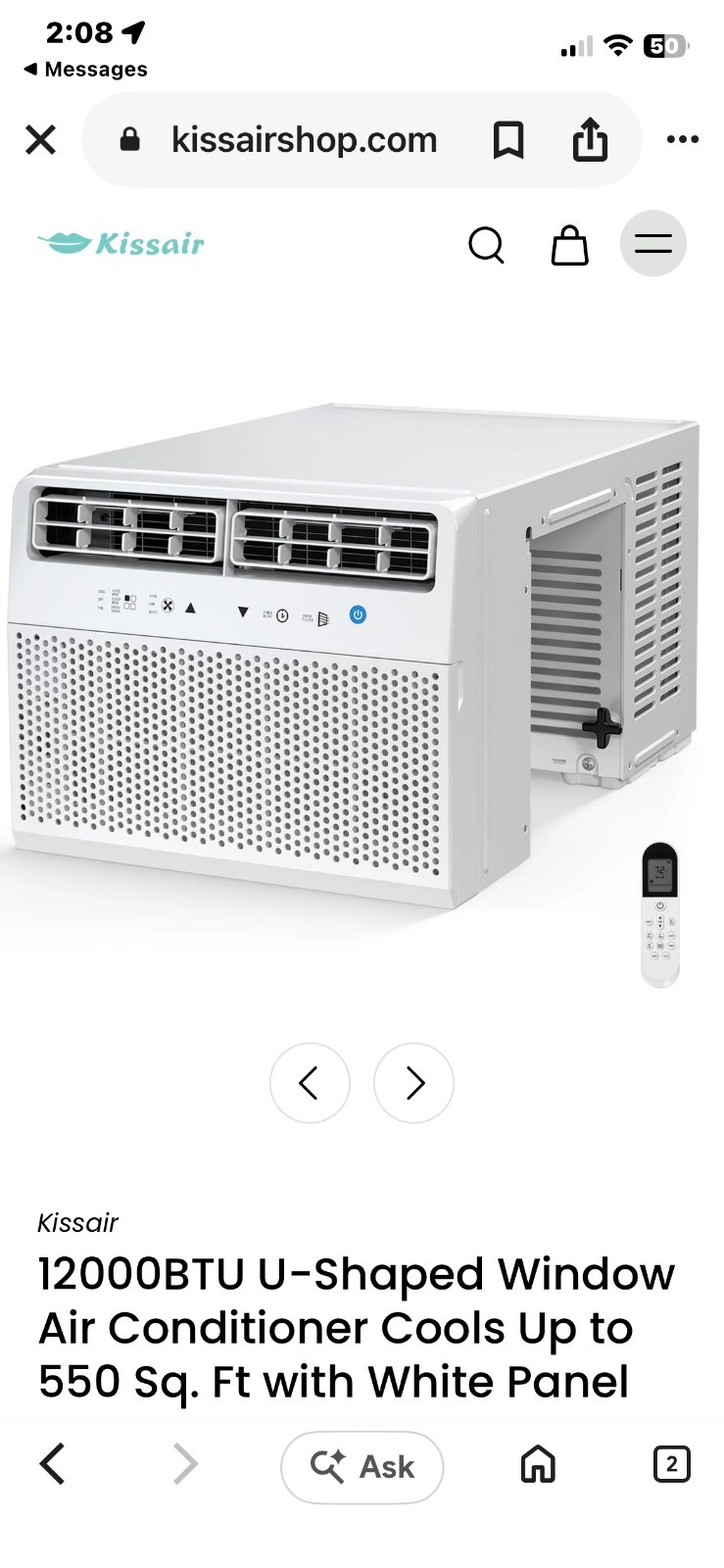 Kissair 12000 BTU U-Shaped Window AC 550 sq ft, Remote, 24Hr Timer, White