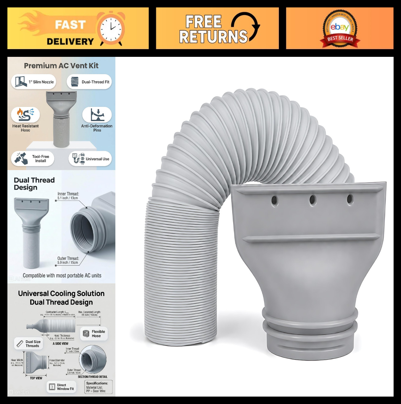 Portable AC Hose Kit – 1&Prime; Flat Nozzle for Narrow Windows & Garage Use, Easy Inst