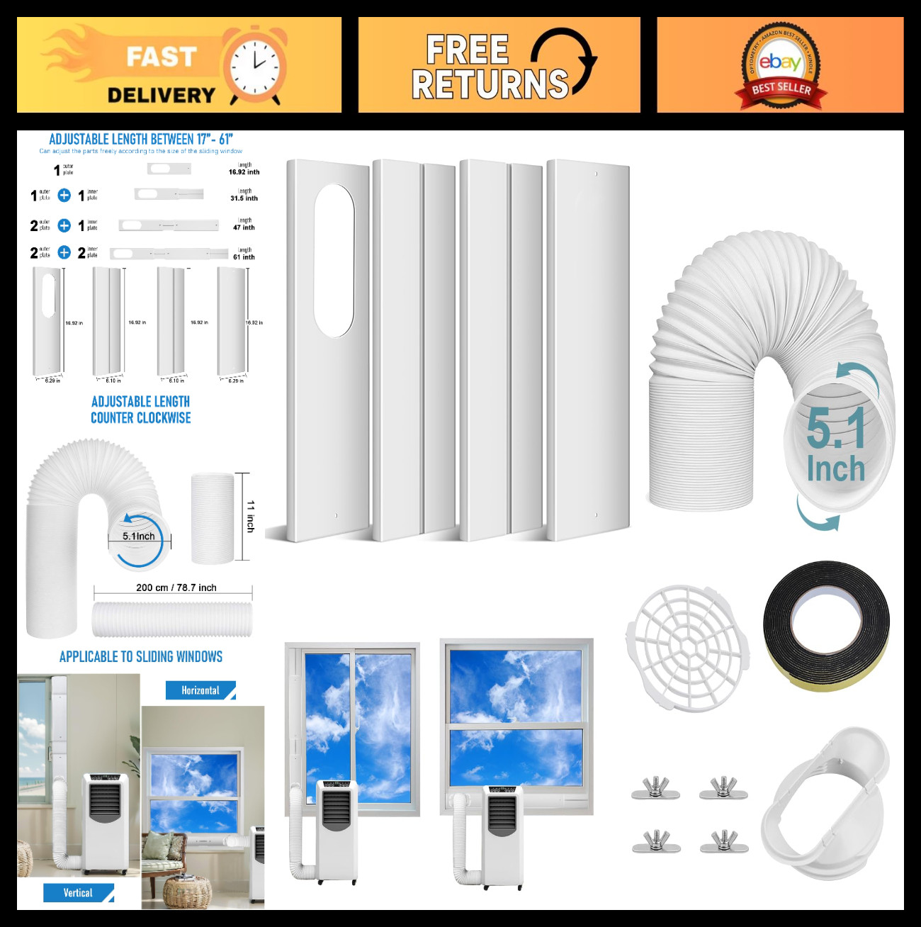 Portable Air Conditioner Window Vent Kit | 5.1&Prime; Exhaust Hose & Seal Kit for Slid