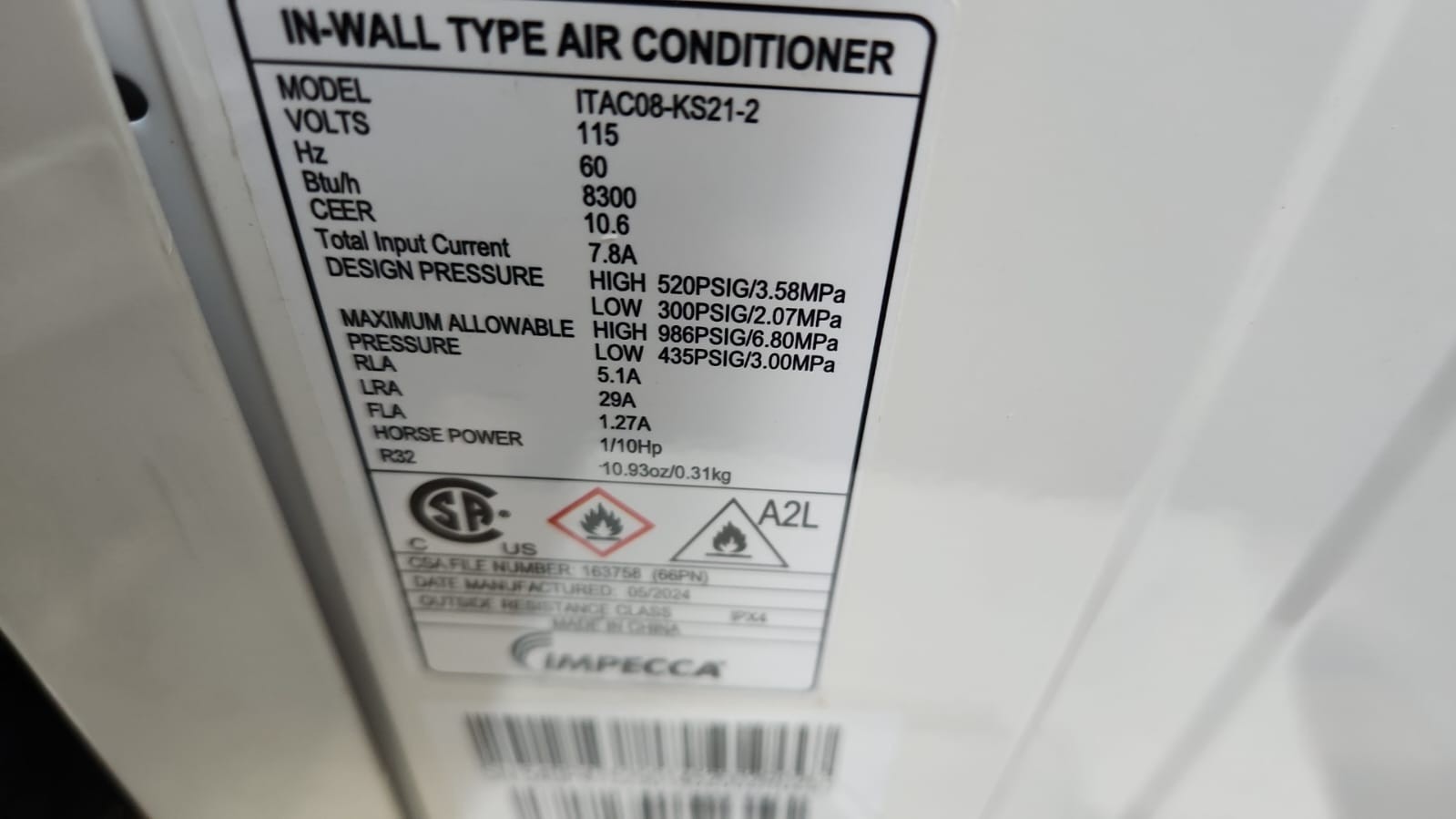 IMPECCA 8,300BTU Through-The-Wall Air Conditioner, Remote, 115V, E-Star#2