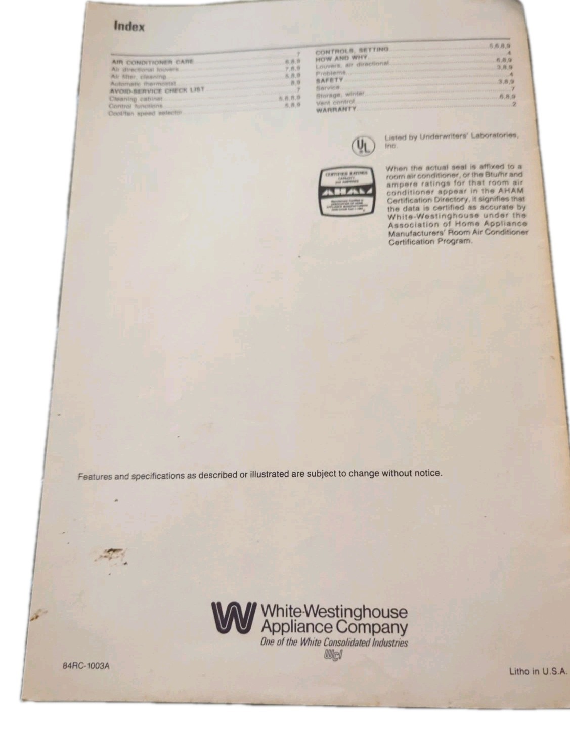 White Westinghouse Room Air Conditioner Manual Owners Guide 1984 Instructions