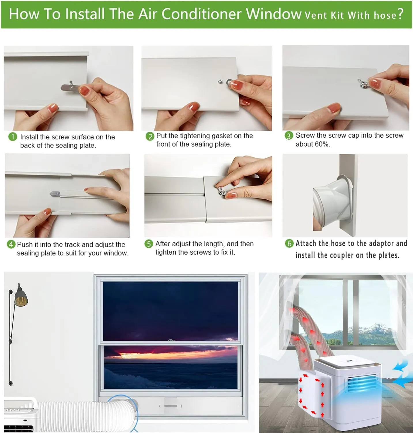 Portable AC Window Vent Kit Adjustable Sliding Plate 5.9 Inch Hose 59 Inch Long