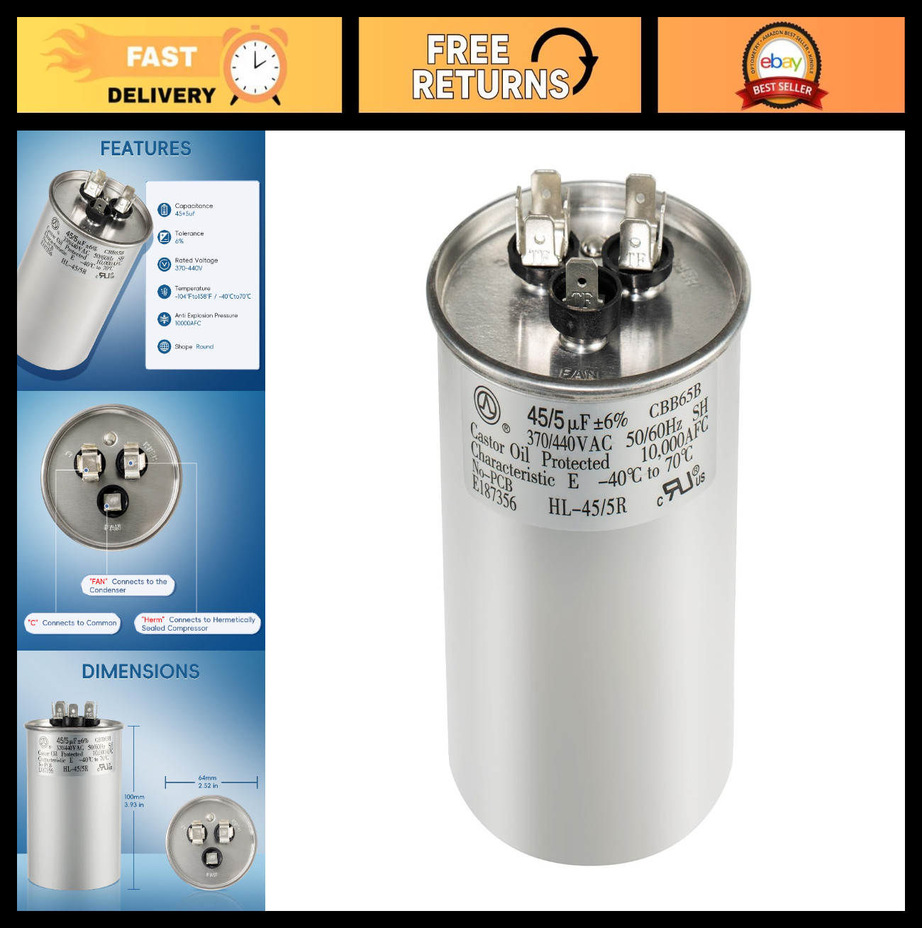 Dual Run Capacitor 45+5 uF 370V/440VAC for Heat Pump & AC – 10-Year Warranty
