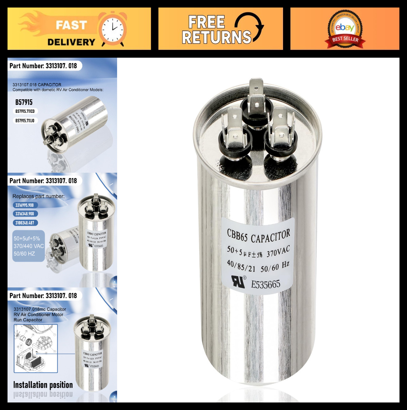 50+5uF Capacitor 370VAC CBB65 for Dometic RV Air Conditioner, Replaces 3316995.9