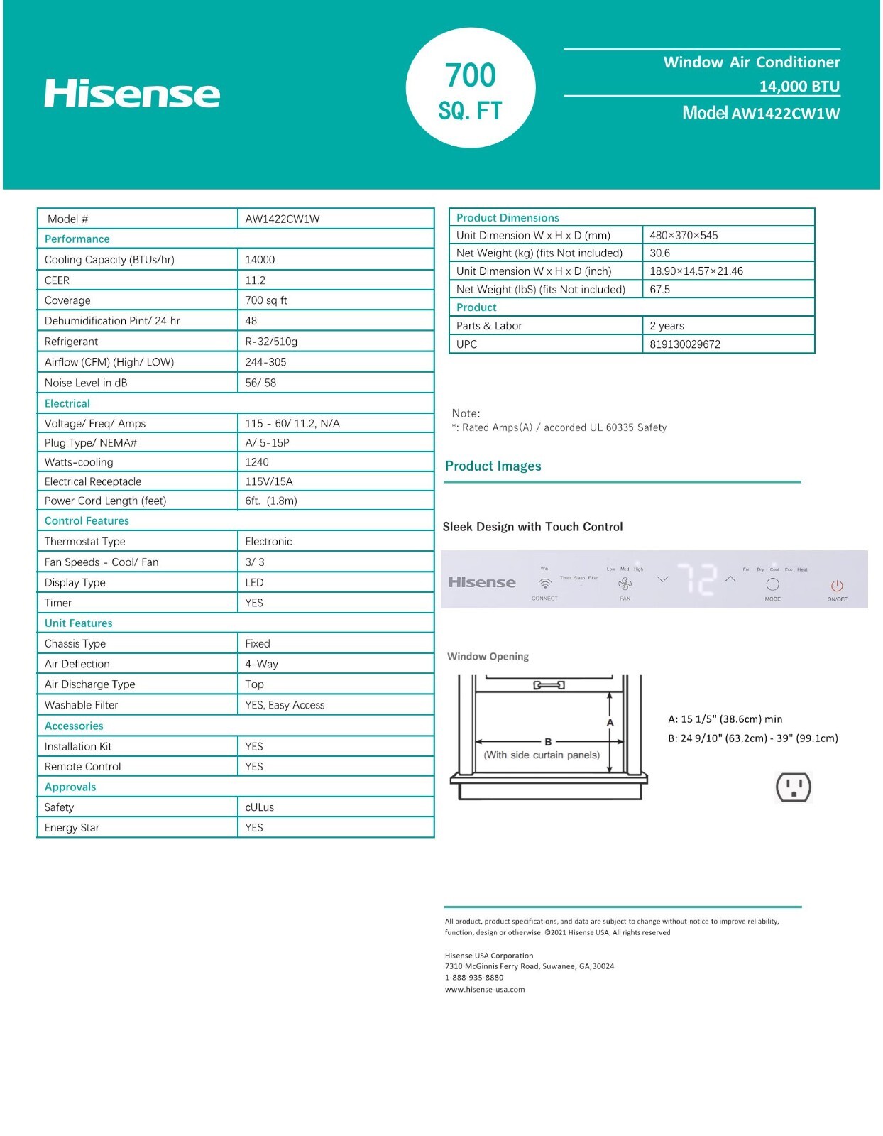 Hisense 14,000 BTU Window AC, Wifi, 110V, Energy Star, 2 yr AllState Warranty