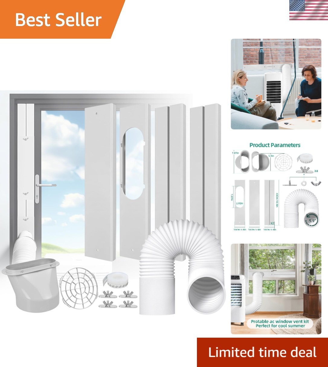 Universal Portable AC Window Kit: 5.9” Adjustable Exhaust Hose + Seal Plates