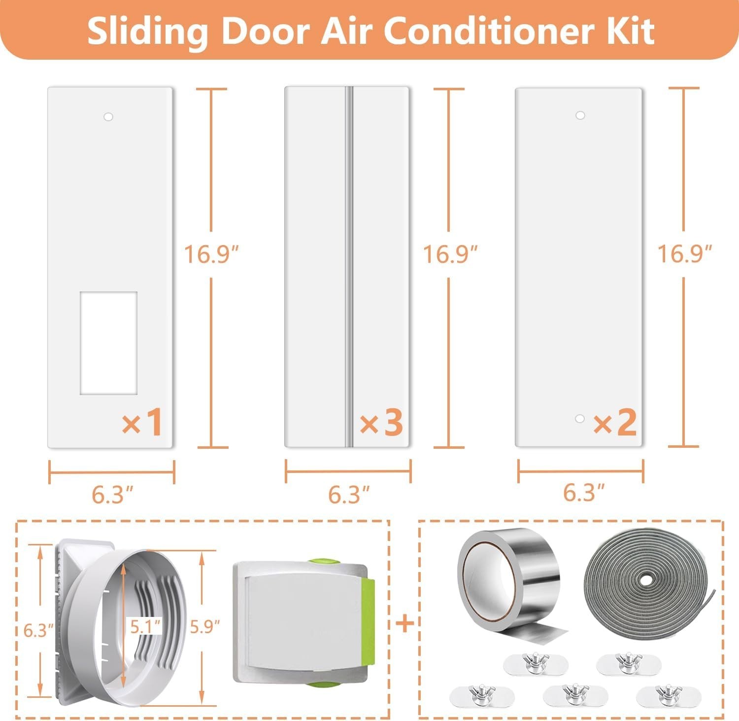 Universal Portable AC Vent Kit: 95&Prime; Sliding Door, 5.9&Prime; Hose, Energy Saving