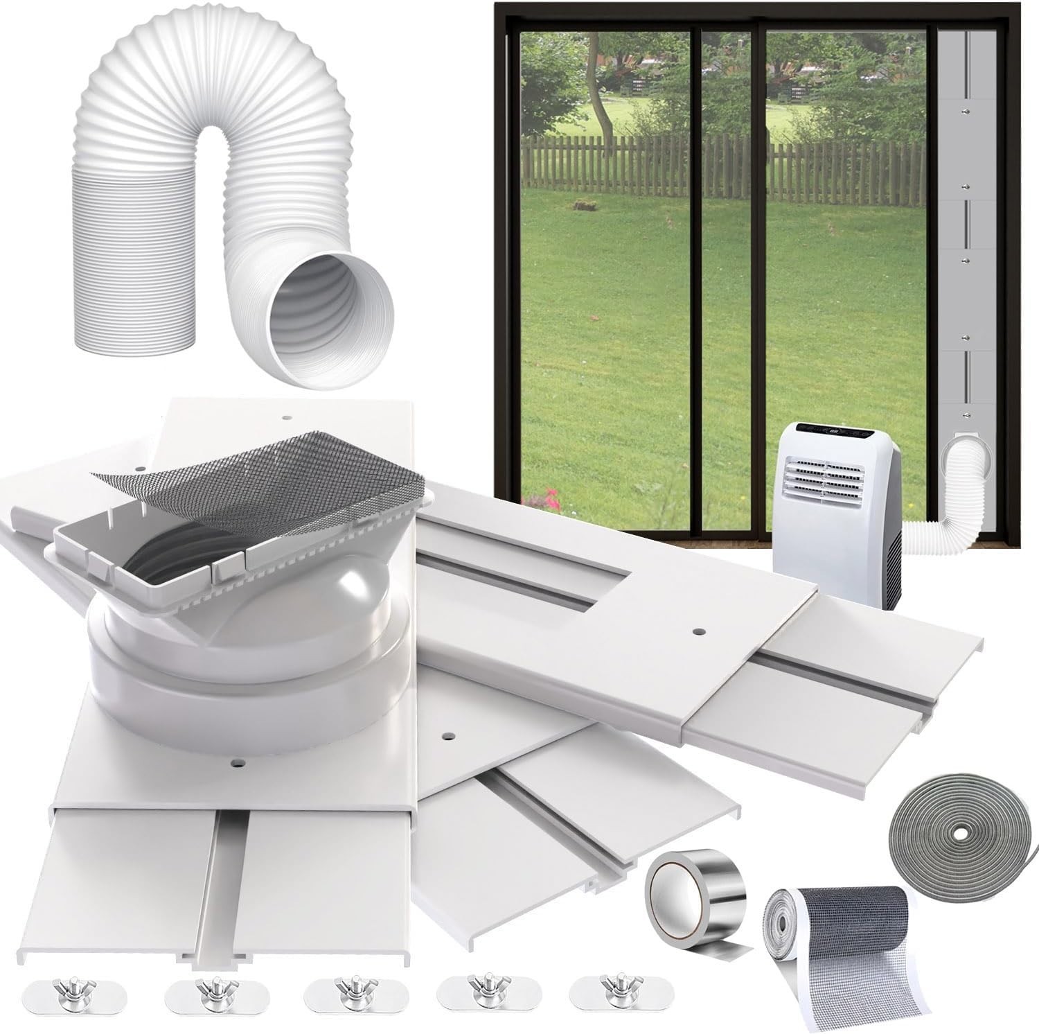 95&Prime;Sliding Door AC Vent Kit with Φ 5.1&Prime;Extendable Hose Screen net & Weather S…