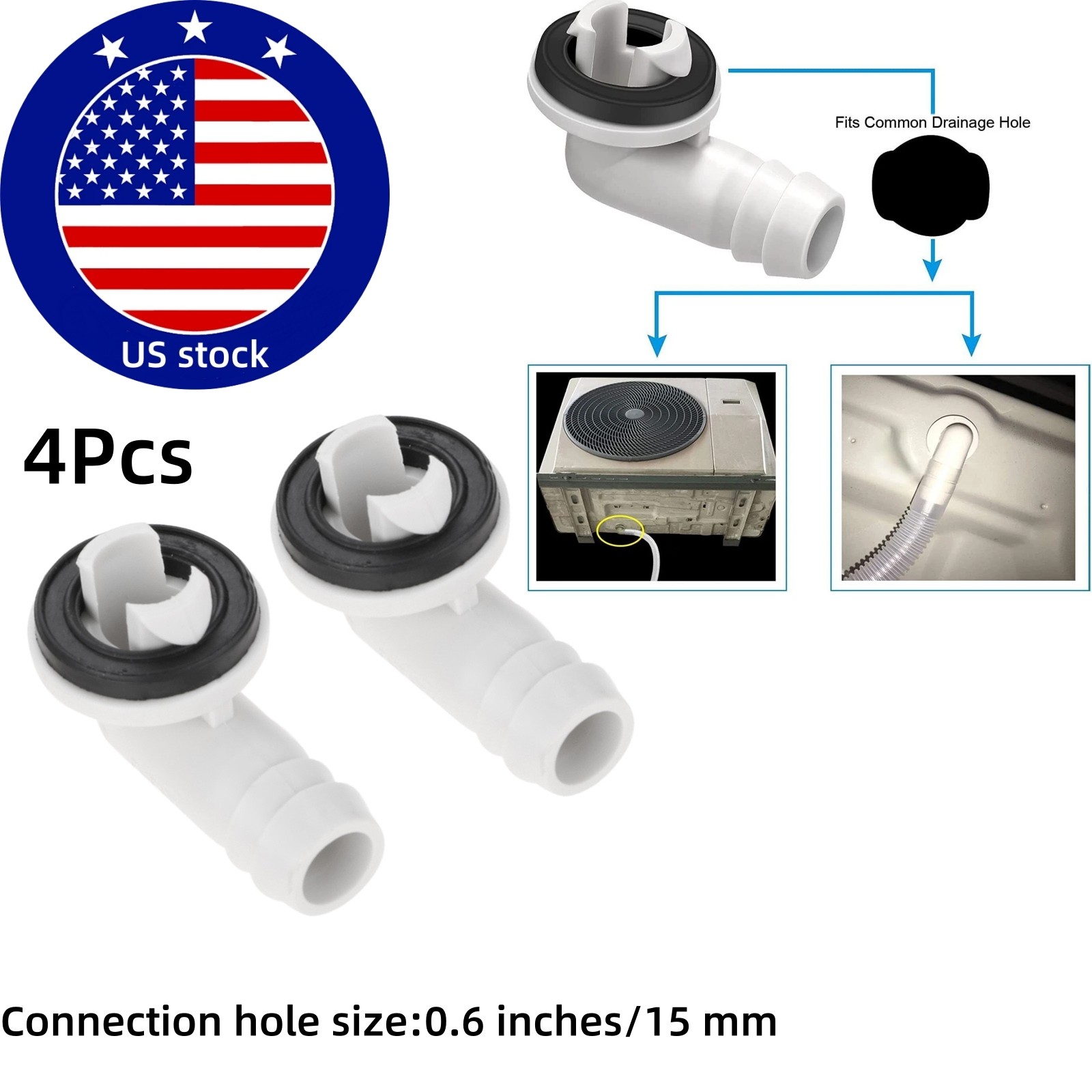 4Pcs Air Conditioner Drain Hose Connector Window AC Drain Adapter + Rubber Ring