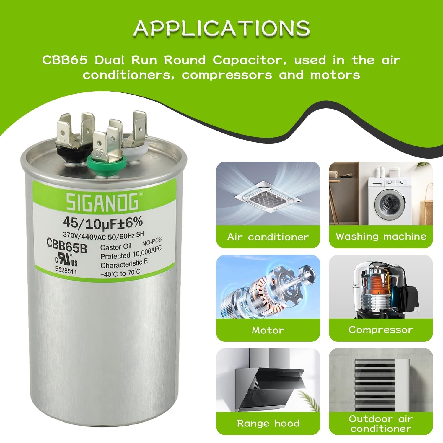 Dual Run Start Capacitor 45/10 uF 370V 440V CBB65 for AC Heat Pump Condenser