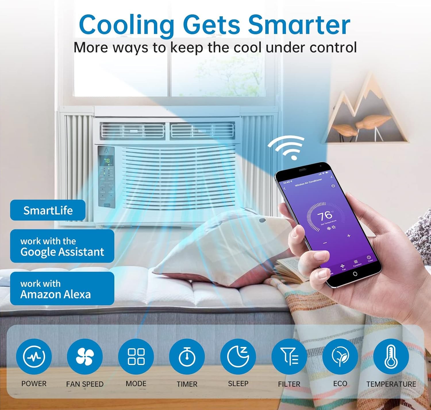 6000 BTU Window Air Conditioner Cooling Fan Dehumidifier w/ Remote,Wifi & Timer