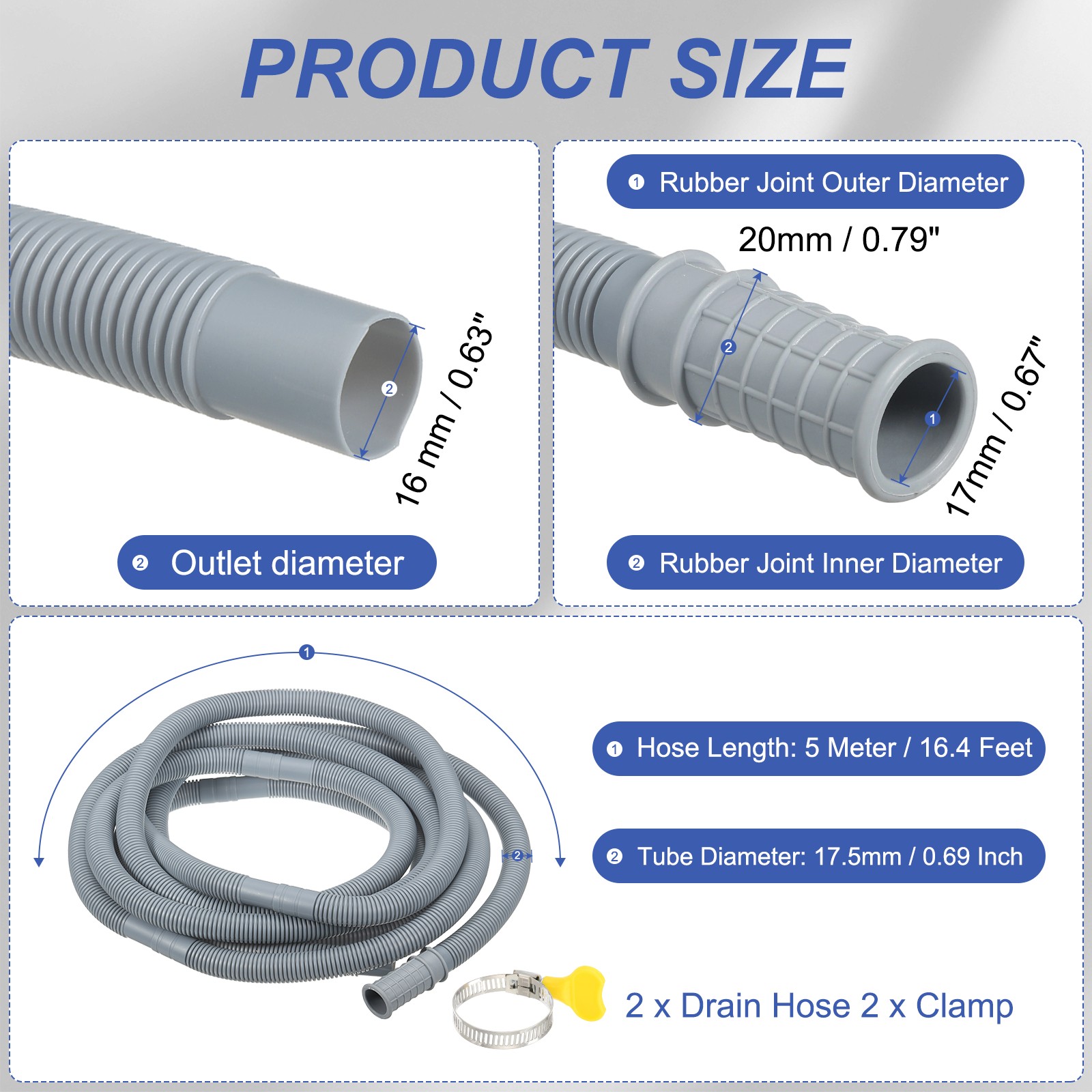 For 16.4Ft Grey AC Drain Hose with Tape 2Set