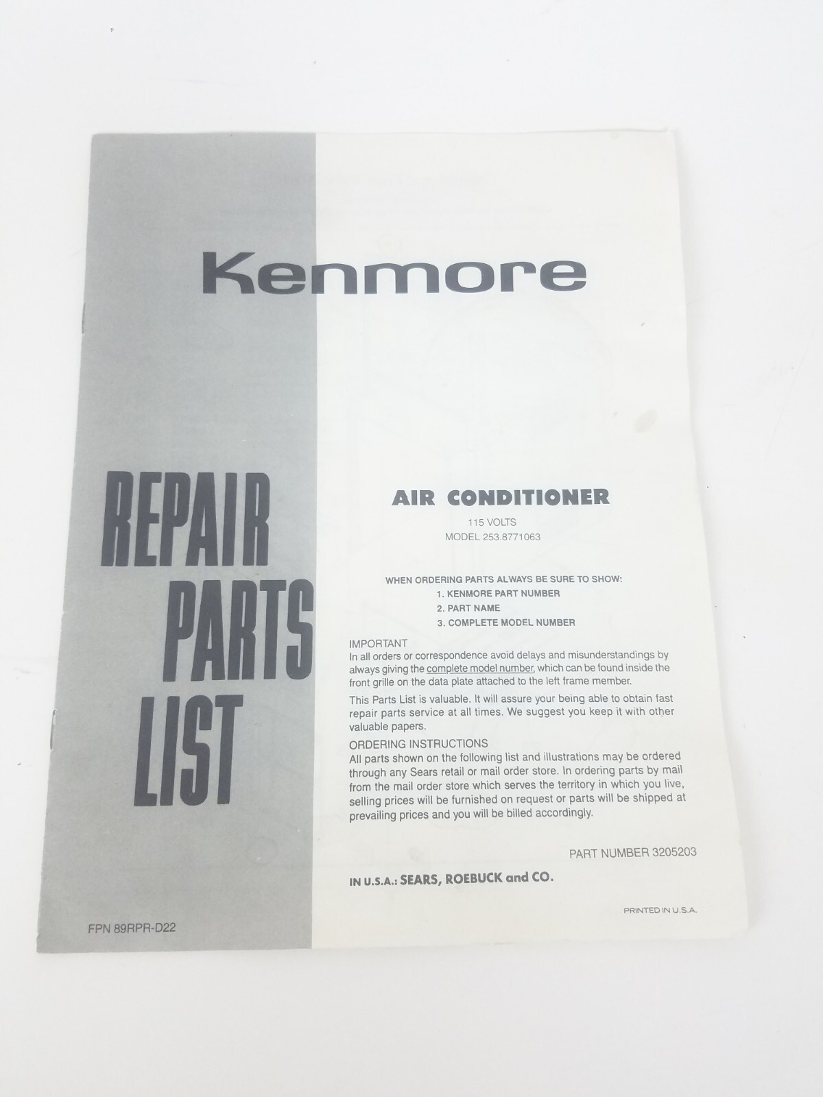 Repair Parts List for Sears Kenmore Room Air Conditioner Model 253.8771063
