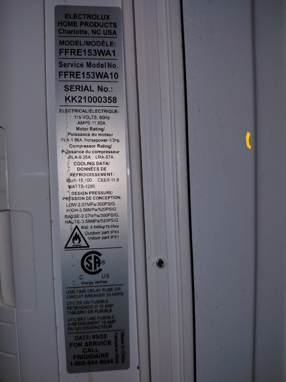 Frigidaire 15,100 BTU Window AC, FFRE153WA1, Excellent Condition