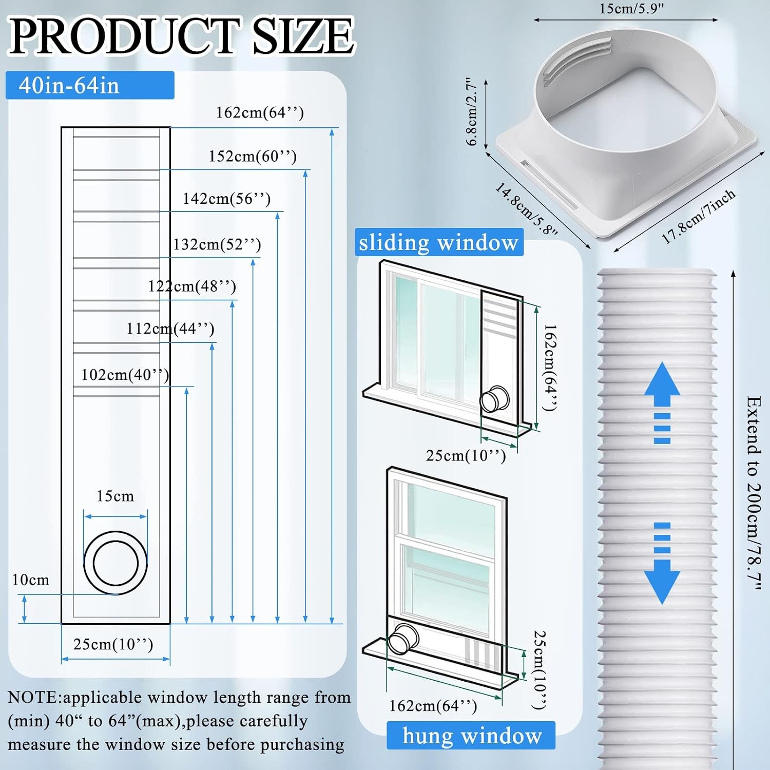 Portable Air Conditioner Window Vent Kit Include 10 » x 40 » 64 » Adjustable