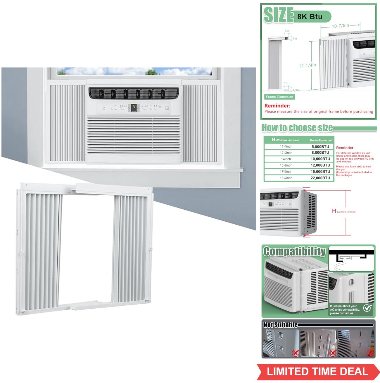Window AC Side Panels with Frame Accordion Filler Curtain Replacement 2 Pack
