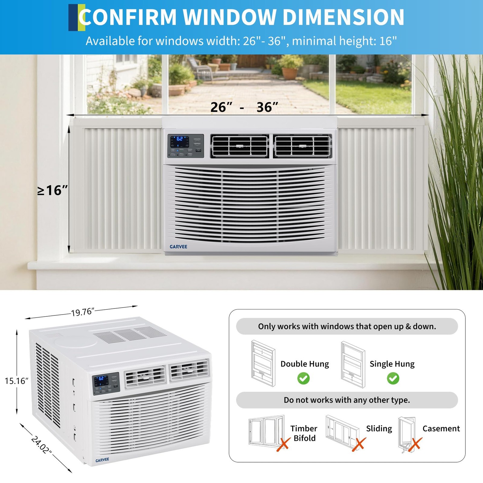 8000BTU Window Air Conditioner & Heater Unit WIFI & APP/Remote Control 350 Sq.Ft