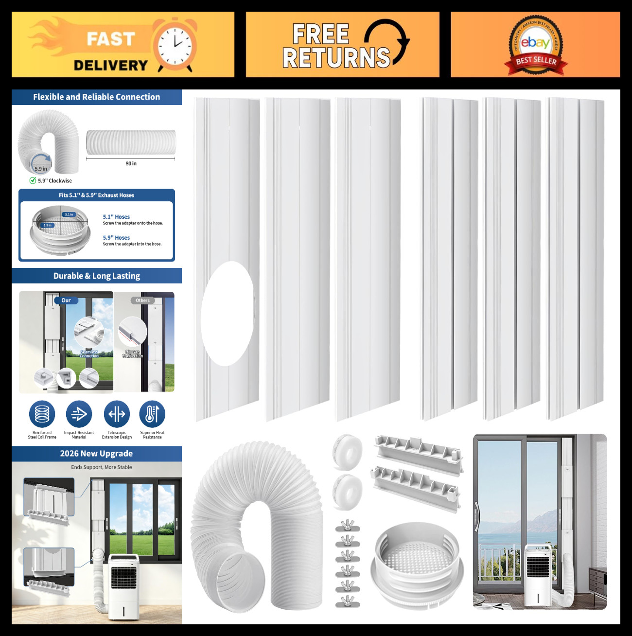 Adjustable Portable Air Conditioner Vent Kit – 90&Prime; Sliding Door Seal for 5.1&Prime;/5.