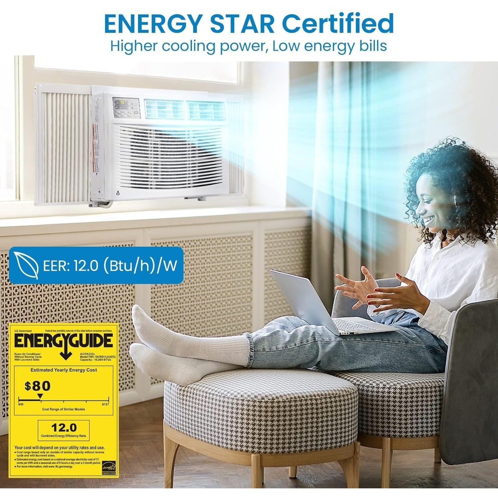 8000 BTU Window AC Air Conditioner Remote Control Quiet Cool 350 Sq Ft Soft
