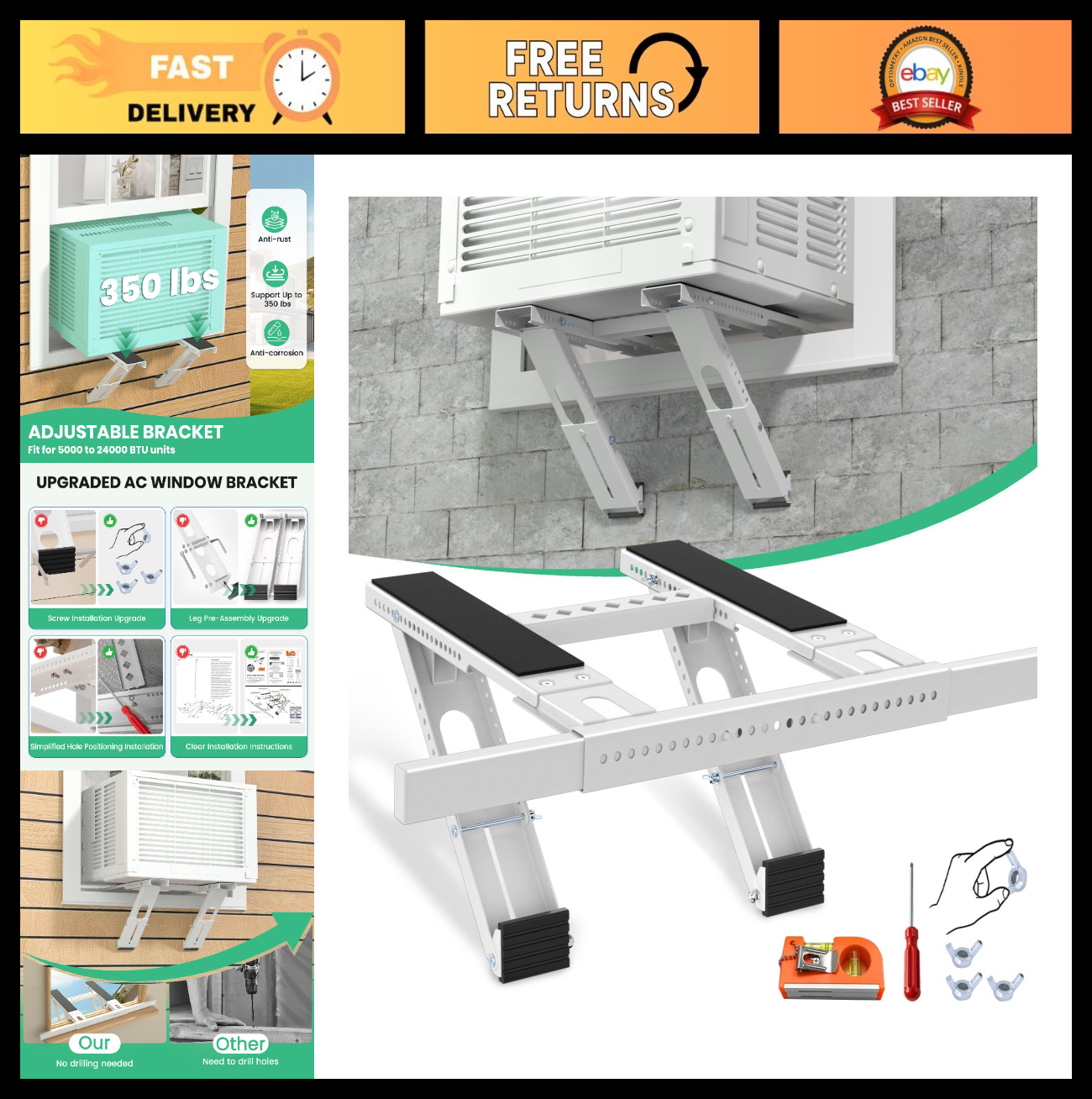 Heavy Duty AC Support Bracket No Drill, Adjustable 31.5&Prime;-41.7&Prime;, 350lbs Capacity,