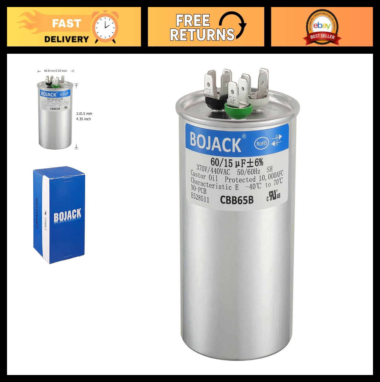 60/15 uF Dual Run Capacitor 370/440 VAC for AC Unit, Heat Pump, Motor & Fan