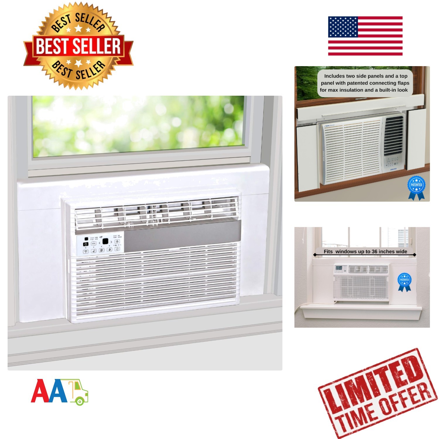 Window AC Insulation Panels 36in White Vinyl Foam 3PC Set Winter Summer