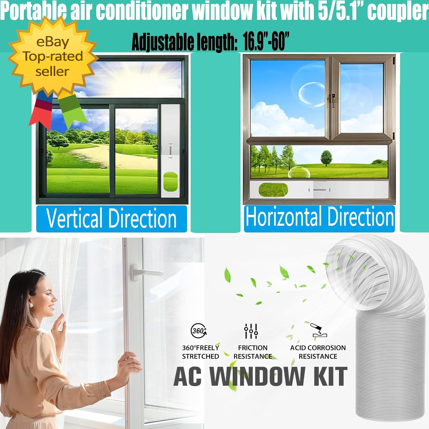 Portable Air Conditioner Window Vent Kit Exhaust Hose 5 1 Inch Sliding Window AC