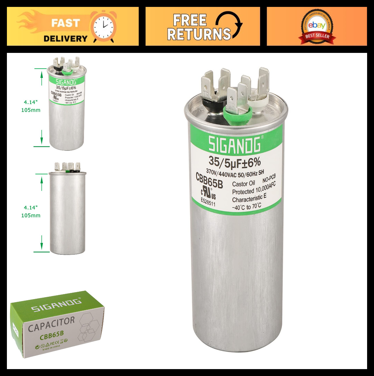 Dual Run Start Capacitor 35/5 uF 370V 440V CBB65 for AC Heat Pump Condenser
