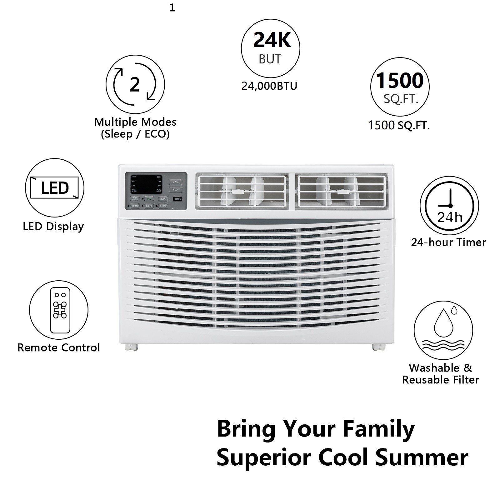 24000 BTU Window Air Conditioner Cool up to 1500sp.ft w/Remote Wifi, Install Kit