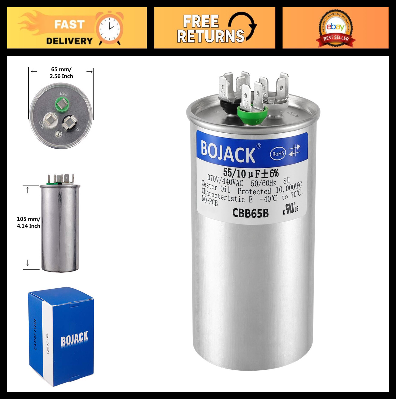 55+10 uF Dual Run Start Capacitor 370/440 VAC for AC Motor & Heat Pump – CBB65B