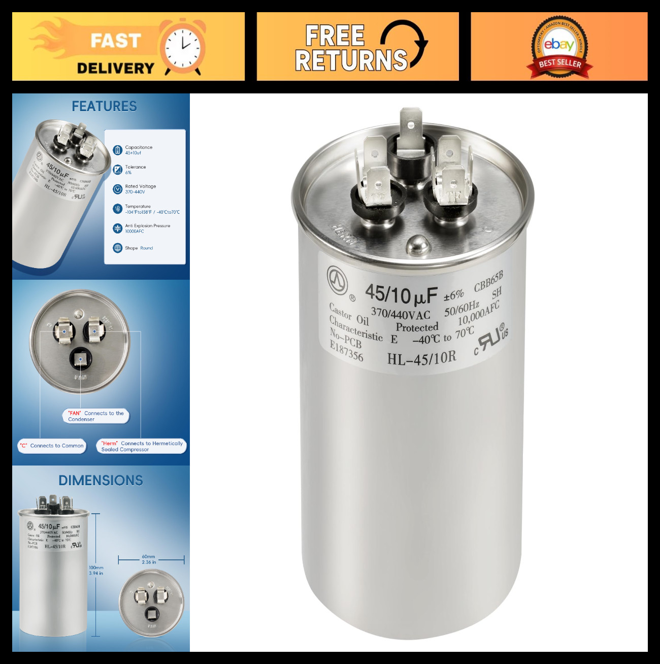Dual Run Capacitor 45+10 uF 370V/440VAC for Heat Pump & AC – 10-Year Warranty