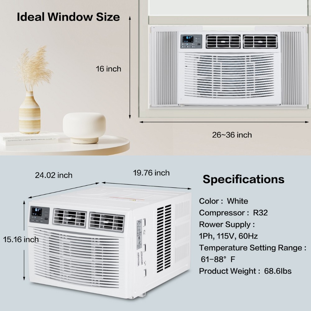 8000 BTU Window Air Conditioner with Heat, WIFI up to 350 sp.ft w/Install Kit