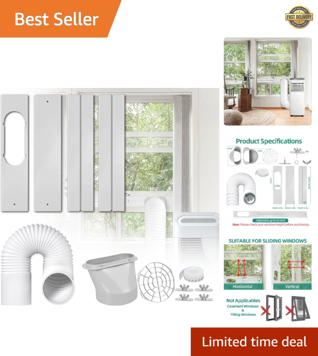 Universal Portable AC Window Vent Kit – Fast Cooling 5.9 Inch Hose System