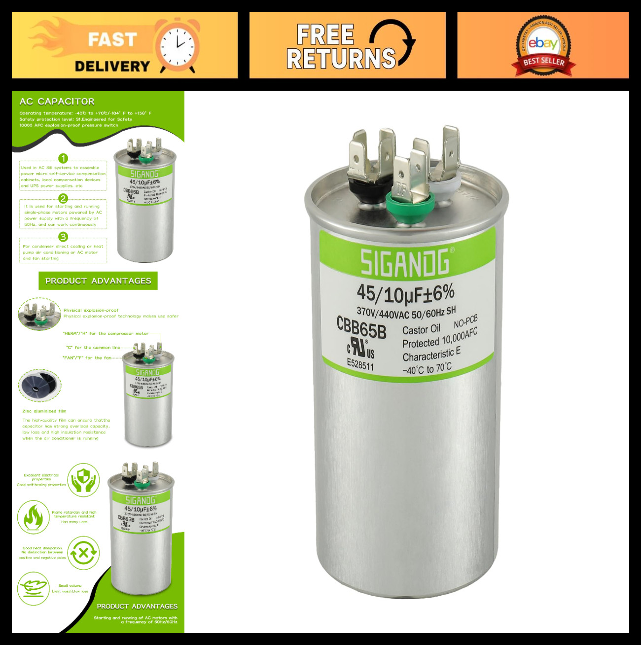 Dual Run Start Capacitor 45/10 uF 370V 440V CBB65 for AC Heat Pump Condenser