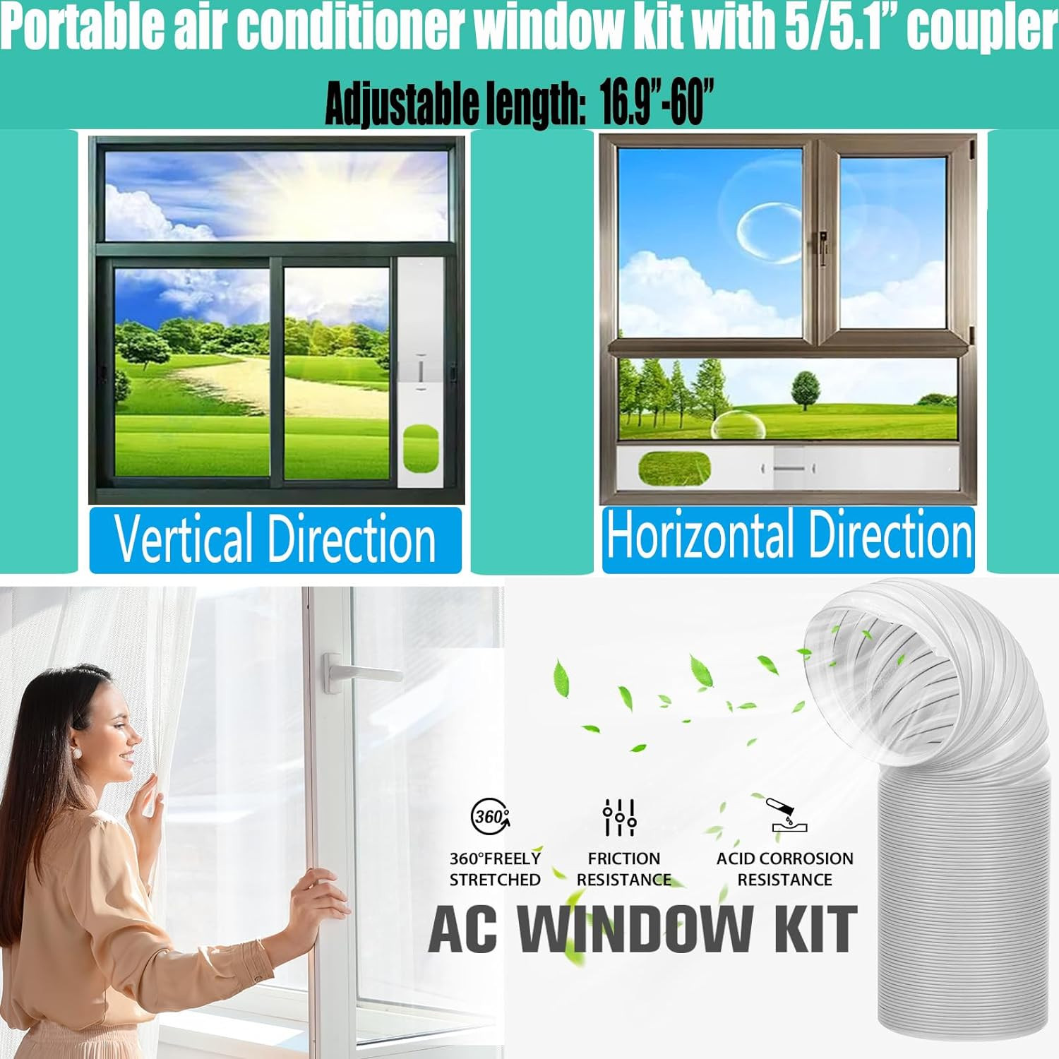 Portable Air Conditioner Window Vent Kit with Exhaust Hose 5.1 Inch Diameter, Ad