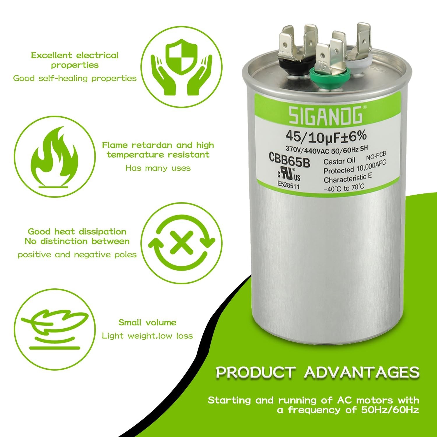 Dual Run Start Capacitor 45/10 uF 370V 440V CBB65 for AC Heat Pump Condenser