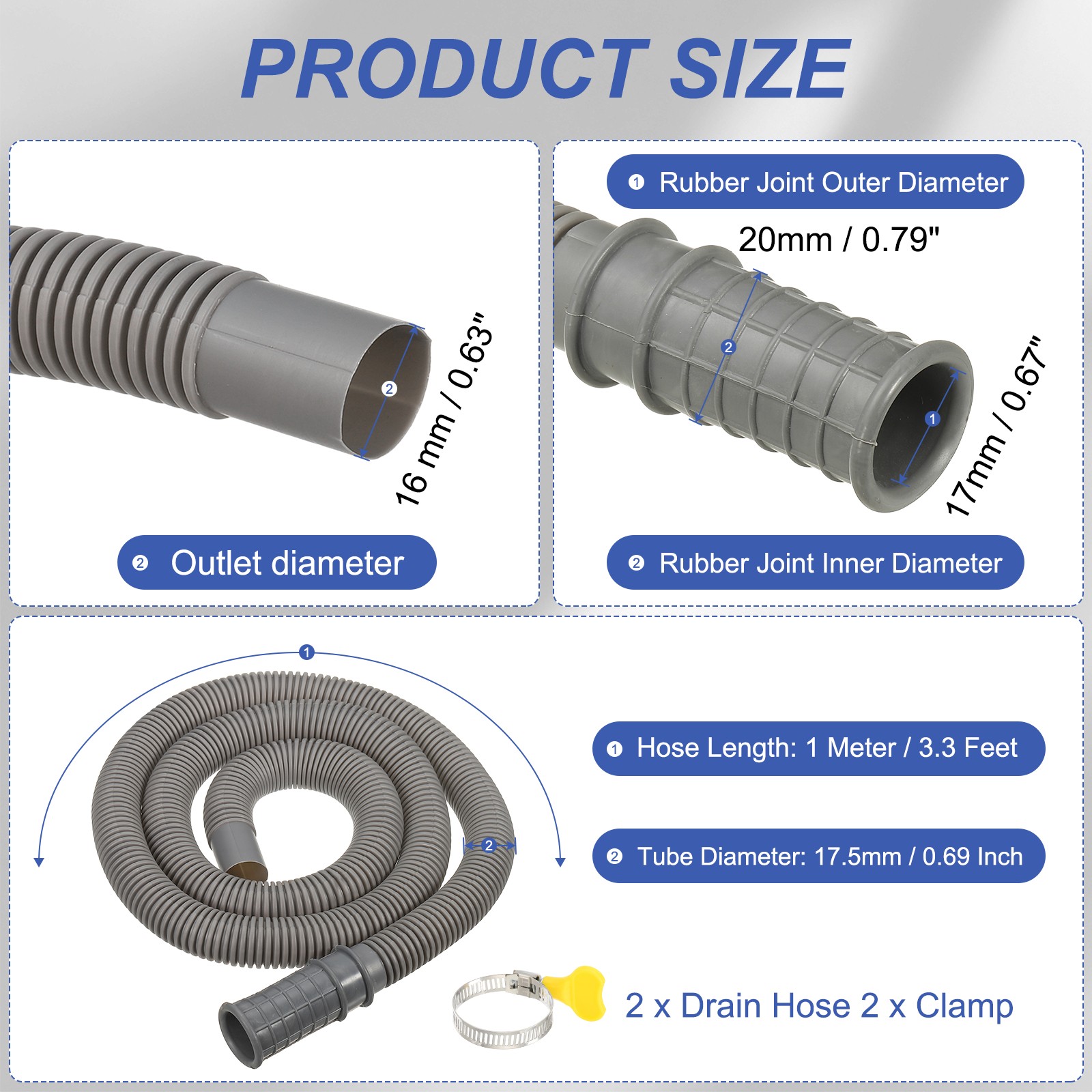 3.3Ft Air Conditioner Drain AC Drain Connector Hose with Clamp Dark Gray 2Set