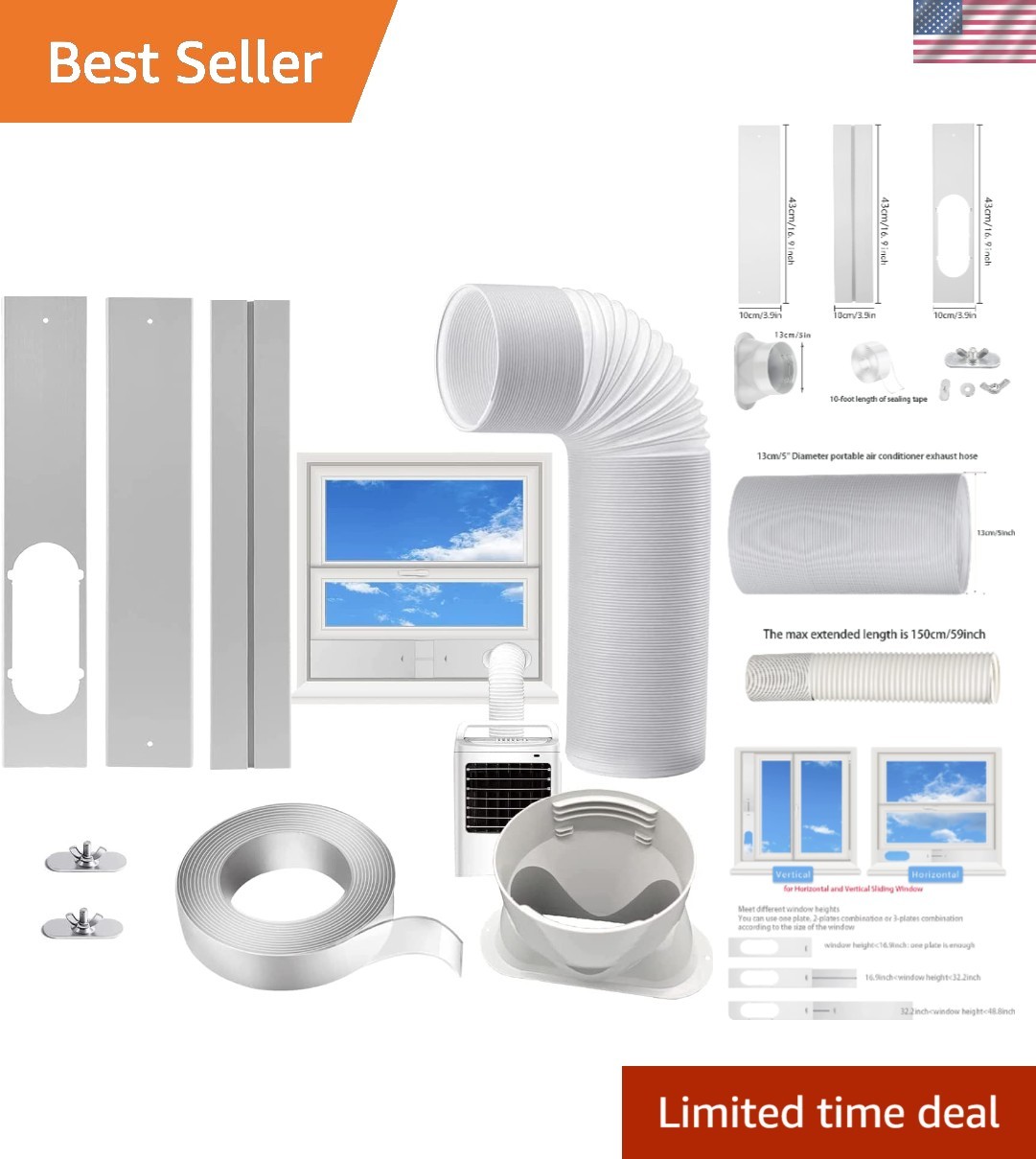 Portable AC Window Vent Kit with 5.1 » Exhaust Hose – Adjustable & Energy-Saving