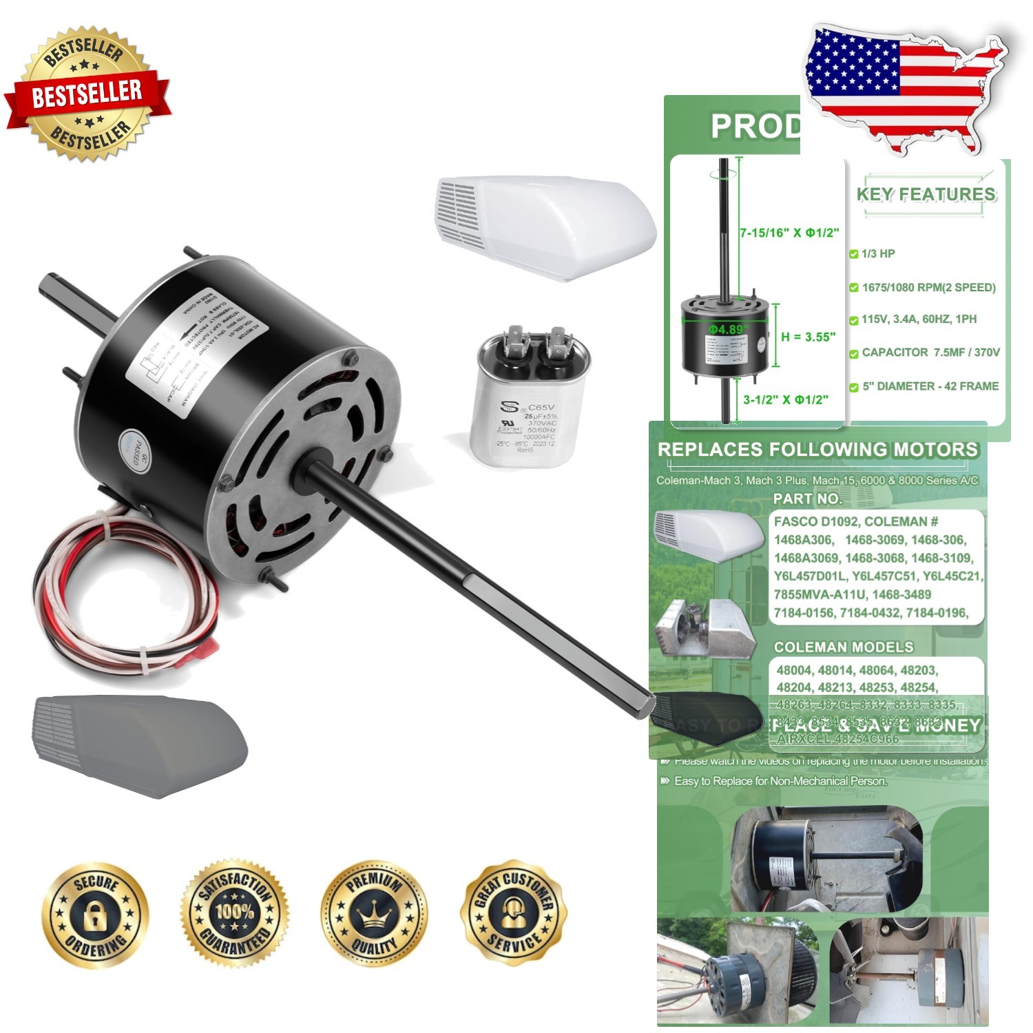 Reliable RV AC Motor 1/3HP 115V 1675RPM Capacitor Included Coleman Mach