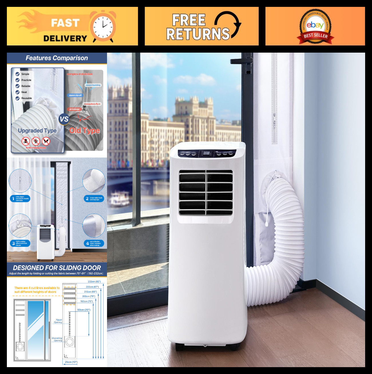 Portable Air Conditioner Vent Kit for Sliding Doors, 100% Seal, Adjustable Lengt