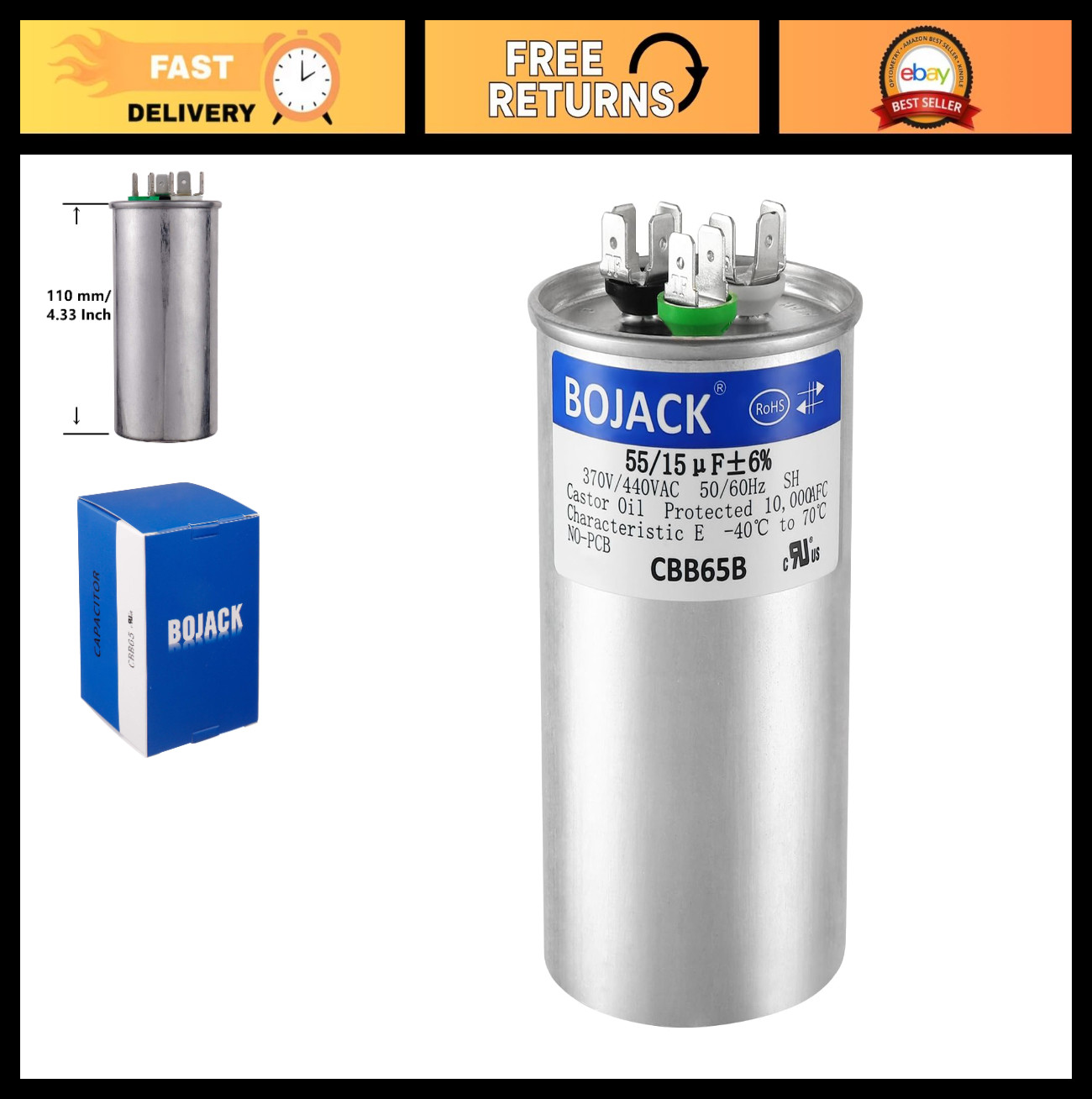 55+15 uF Dual Run Capacitor 370/440 VAC for AC Units, Heat Pumps & Motors