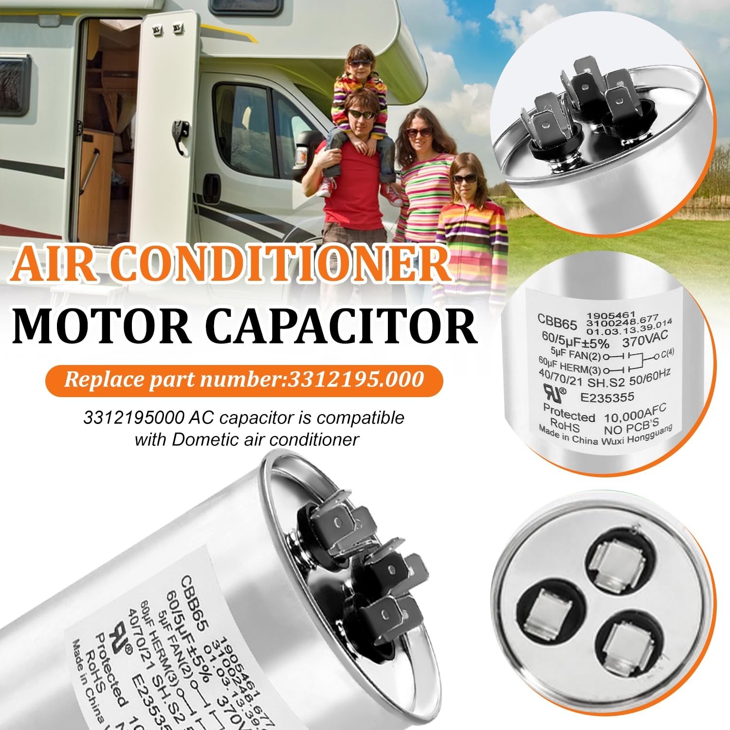 60/5 MFD Heavy Duty RV AC Motor Capacitor Replacement for Dometic Air Conditione