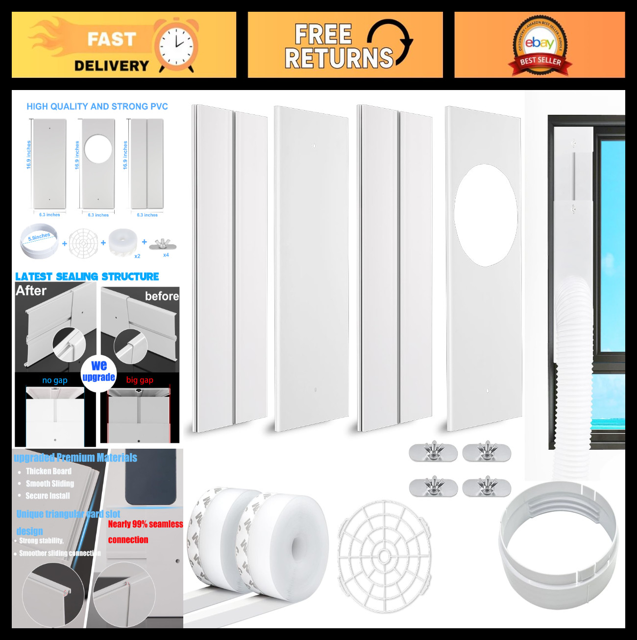 Portable Air Conditioner Window Kit – Adjustable Sliding Vent with 2Pack Seal, 5