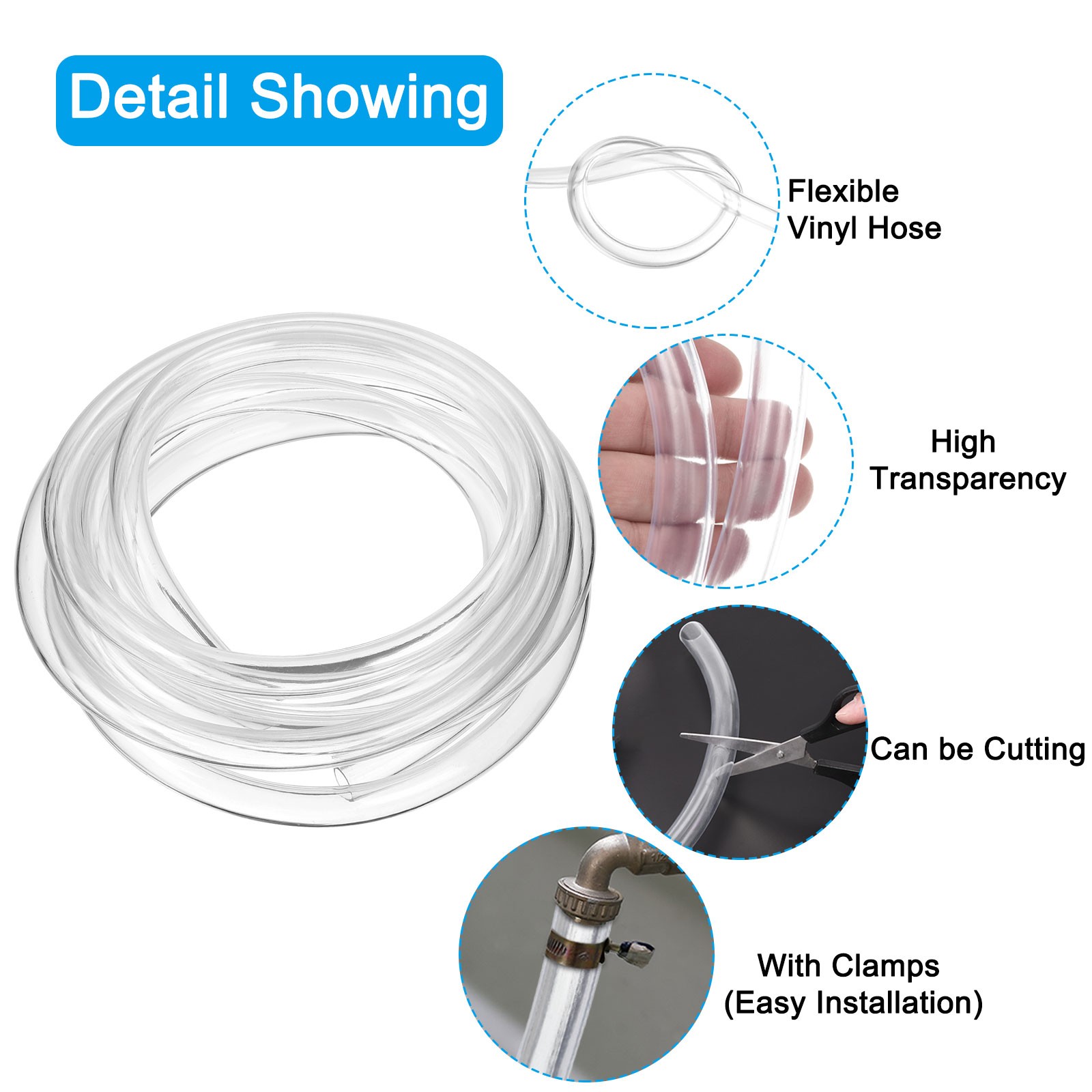 5/8&Prime; ID x 3/4&Prime; OD x 16 Ft Length Clear Vinyl Tubing with 2 Clamps